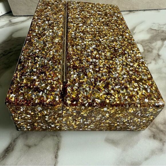 EDIE PARKER ACRYLIC CLUTCH – GOLD CONFETTI & RAINBOW STRIPE | HANDMADE | RARE - Picture 16 of 17